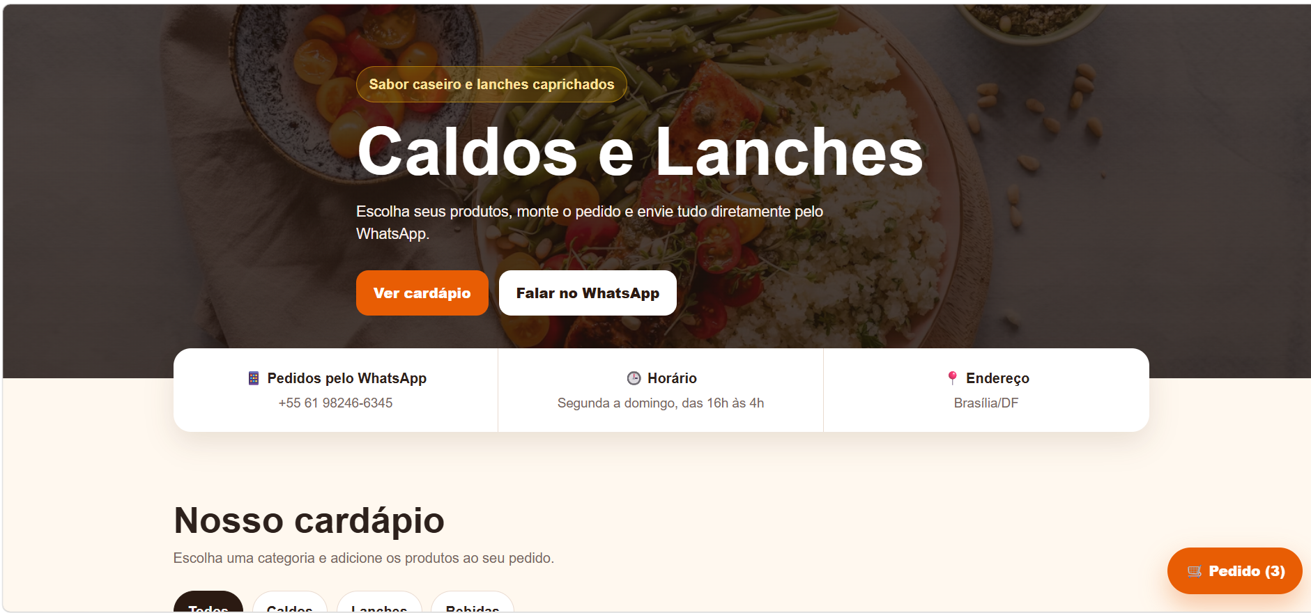 Página inicial do cardápio Caldos e Lanches