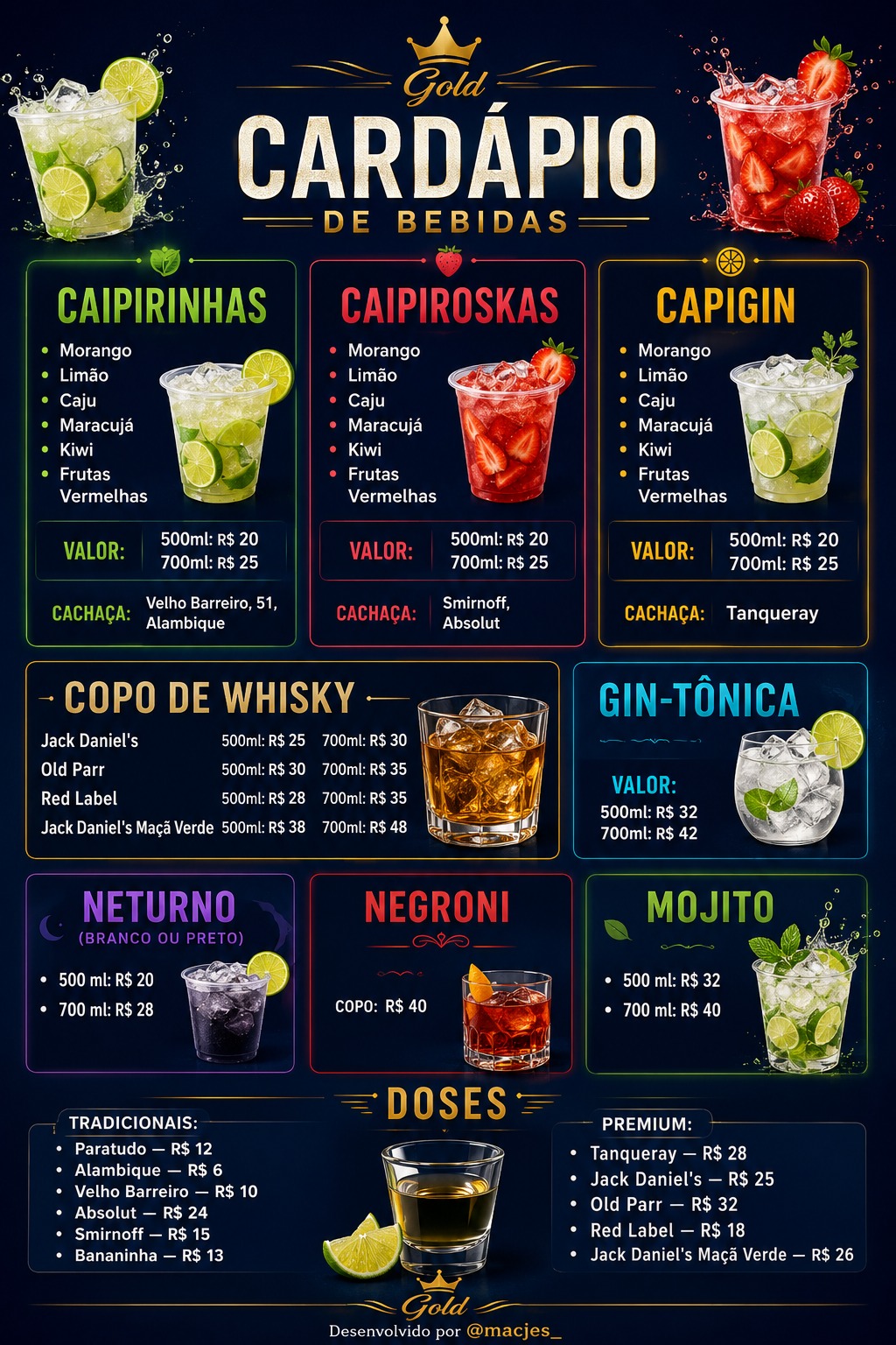 Arte do Cardápio de Bebidas Gold